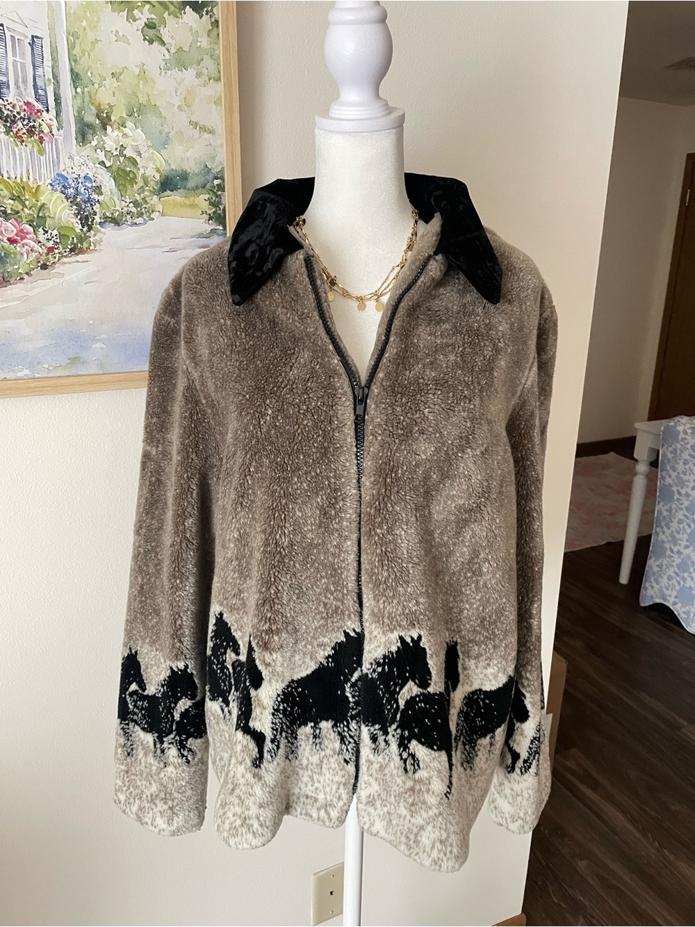 Vintage 90s Black Mountain Horse Faux Fur Print Fleece Jacket XL